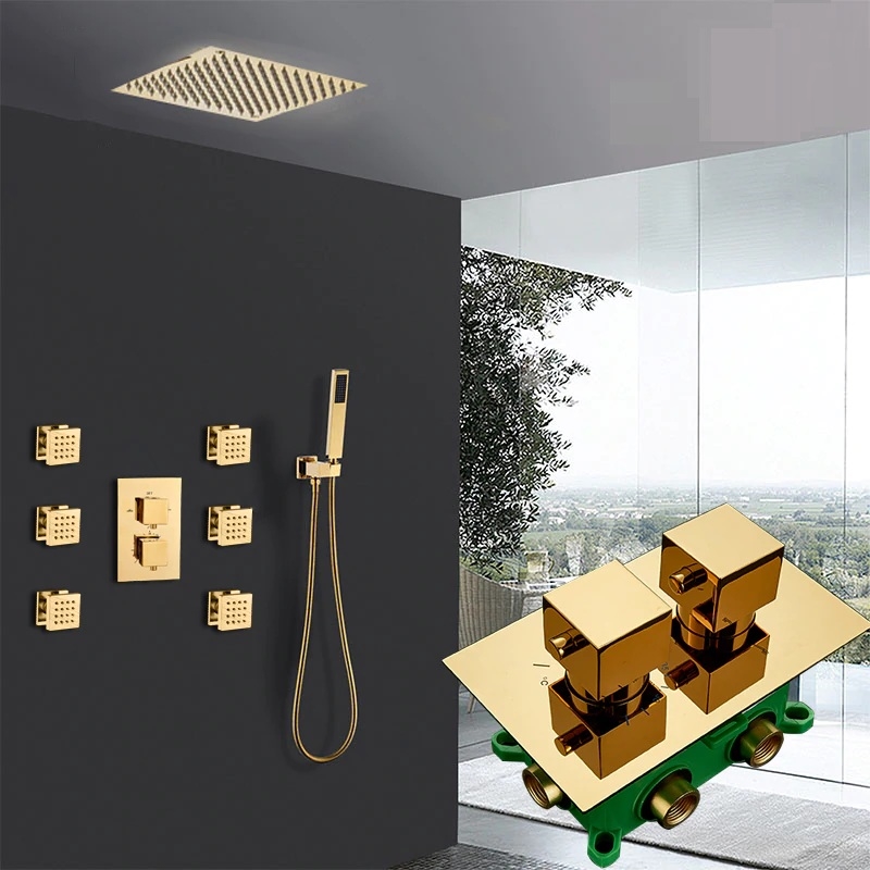 Fontana Napoli Thermostatic Modern Bathroom Rainfall Shower System With Six Pieces Jet Bath Set